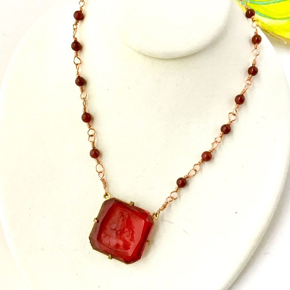 Vintage inspired Red Etched glass Necklace with carnelian rose gold necklace